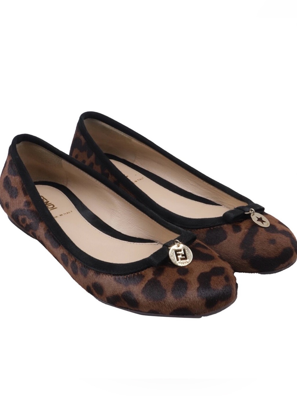 Fendi Leopard-Print Ballet Flats with Gold Charm - Brown & Black